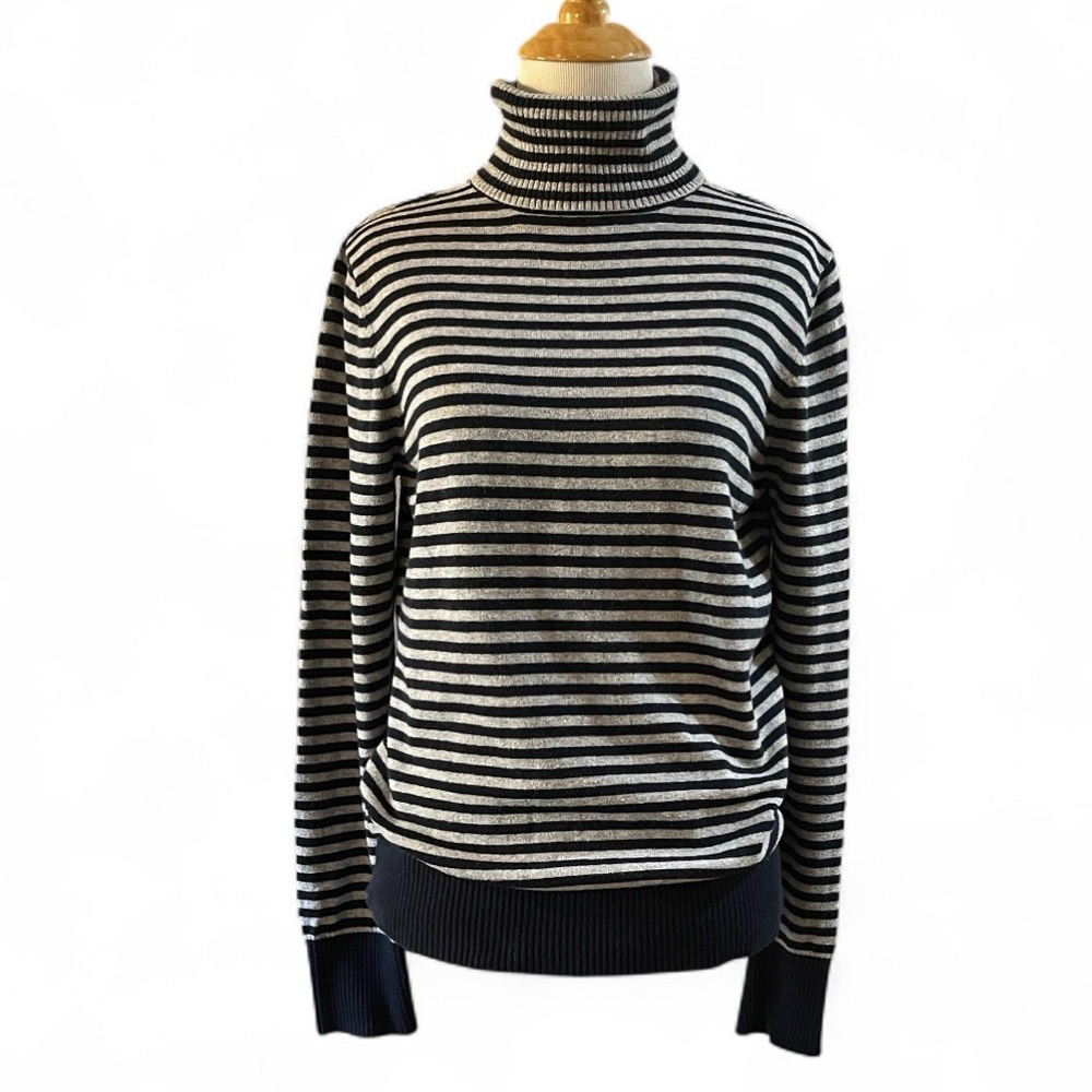 L.L. BEAN STRIPED COTTON CASHMERE KNIT TURTLENECK SWEATER BLUE GRAY SIZE SMALL